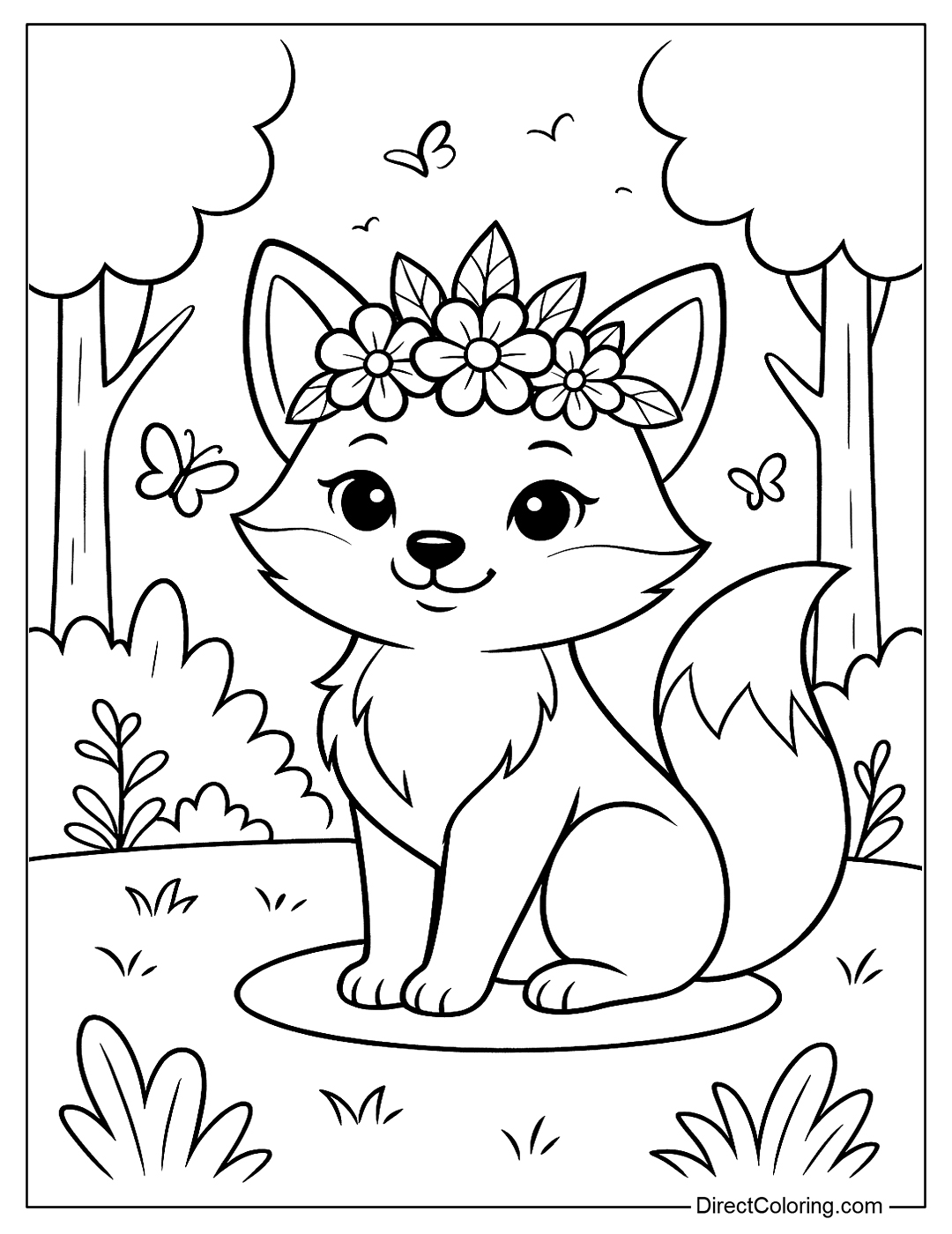 a coloring page of a little fox with a flower crown on its head, sitting proudly in the middle of a forest with a few butterflies flying around.
